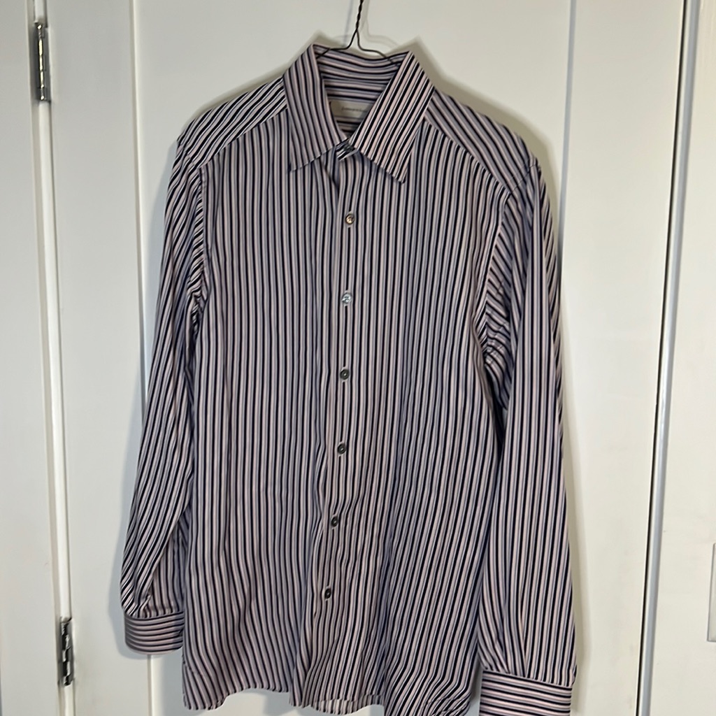 Ermenegildo Zegna M Made In Italy Pink Navy & White Stripe Dress Shirt 15”Collar